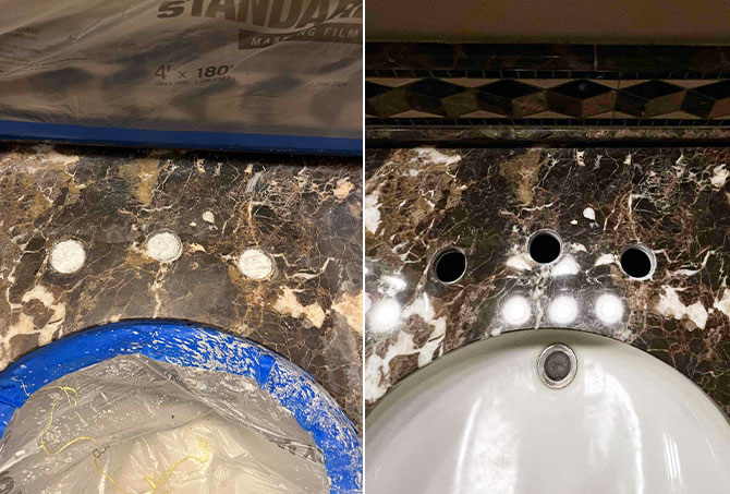 Here is a BEFORE (left) and AFTER of the area around the faucet.